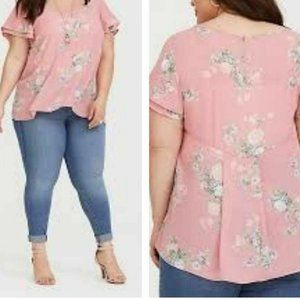 Torrid Pink Floral Flutter Sleeve  Georgette Blous